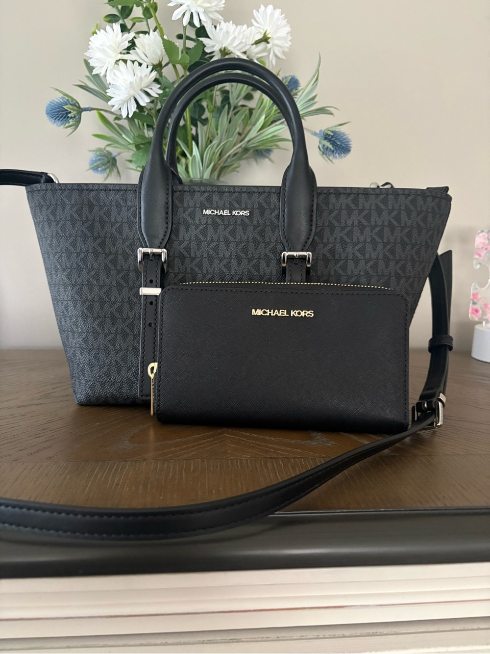Michael Kors Black Signature MK Satchel with Matching Black Zip Wallet
